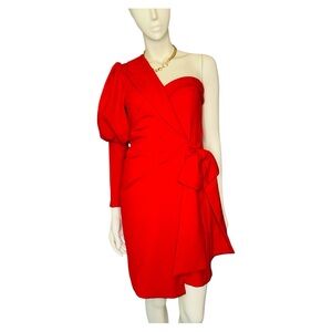 Cache Red One-Shoulder Bodycon Dress with Puff Tailored Sleeve & Exaggerated Bow
